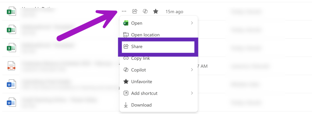 screenshot of three dots menu clicked and share option highlighted