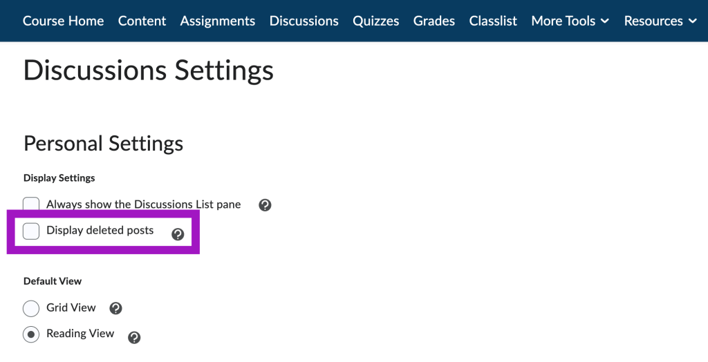 screenshot of display deleted posts checkbox