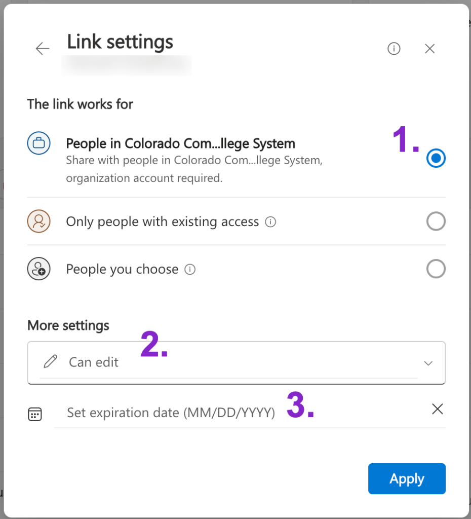 screenshot of link settings window