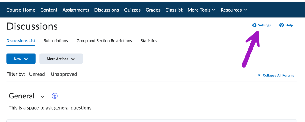 screenshot of discussion settings link