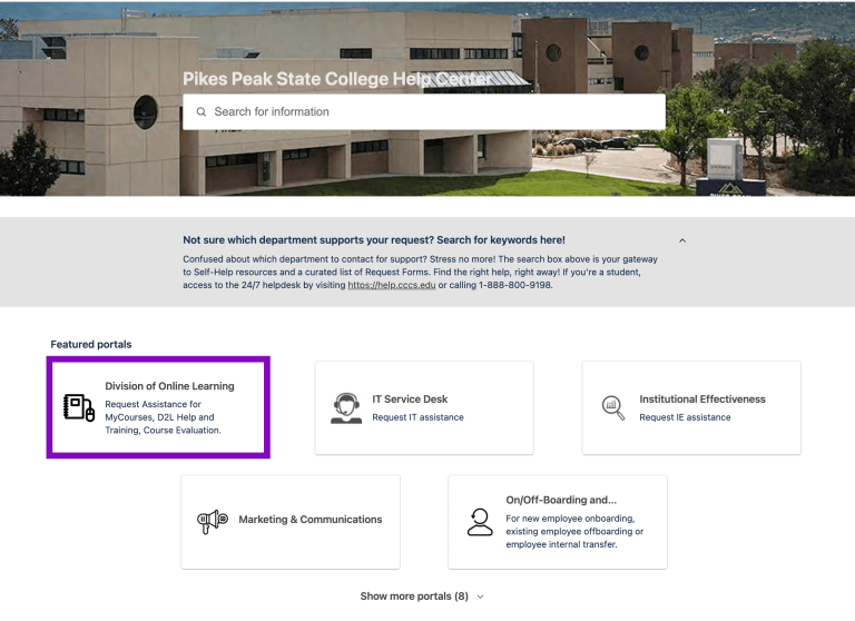 screenshot of division of online learning help center