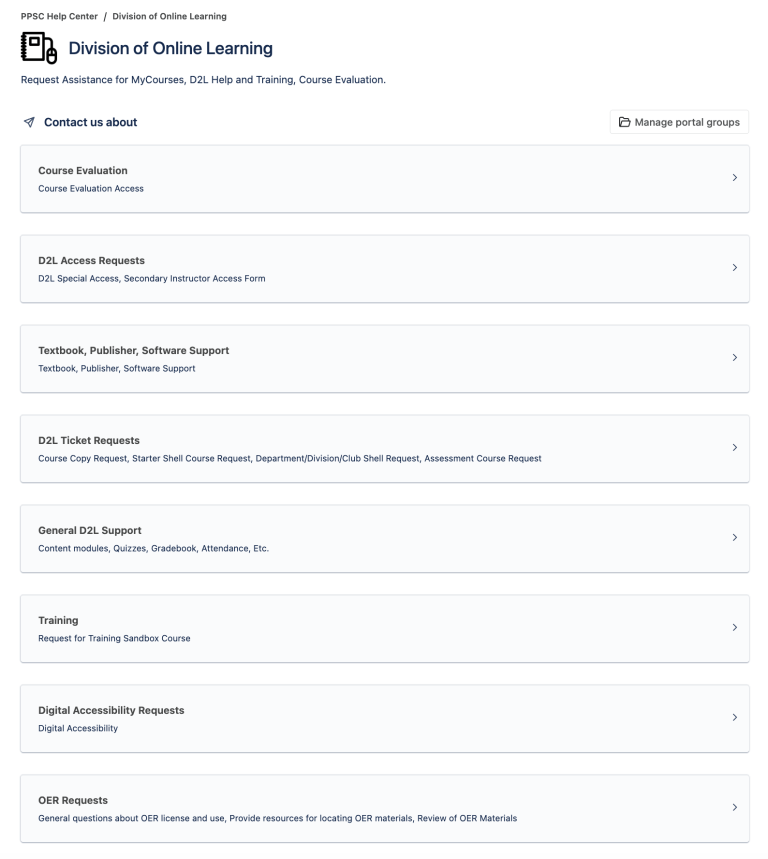 screenshot of forms in division of online learning help center