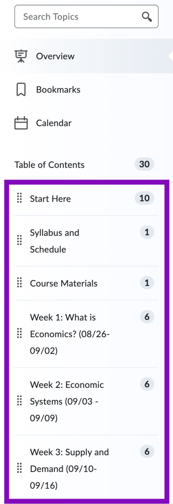 screenshot of example of Modules sorted by Week in Content