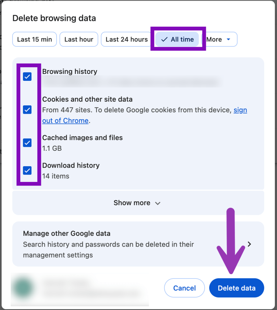 delete browsing data options