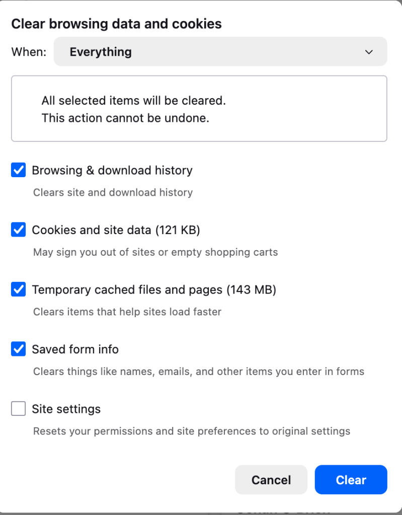 Clear browsing data menu options