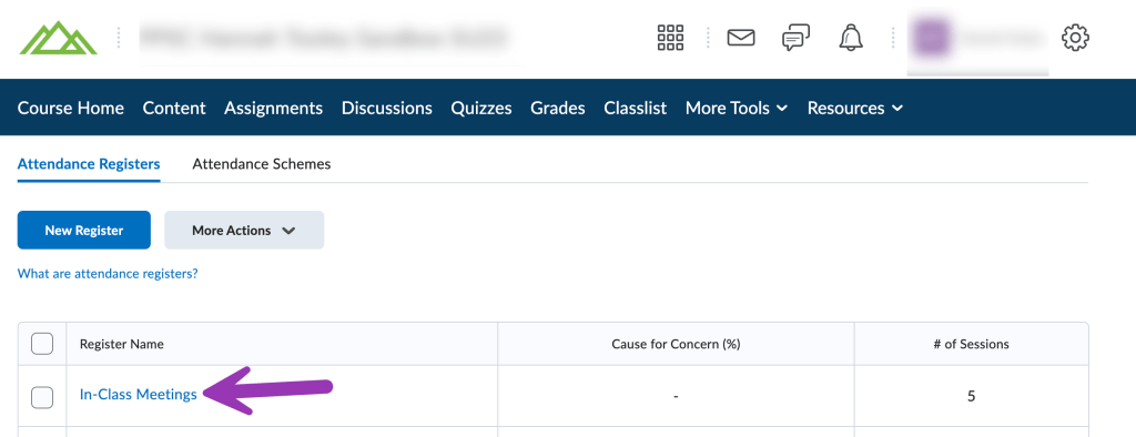 screenshot of attendance registers screen