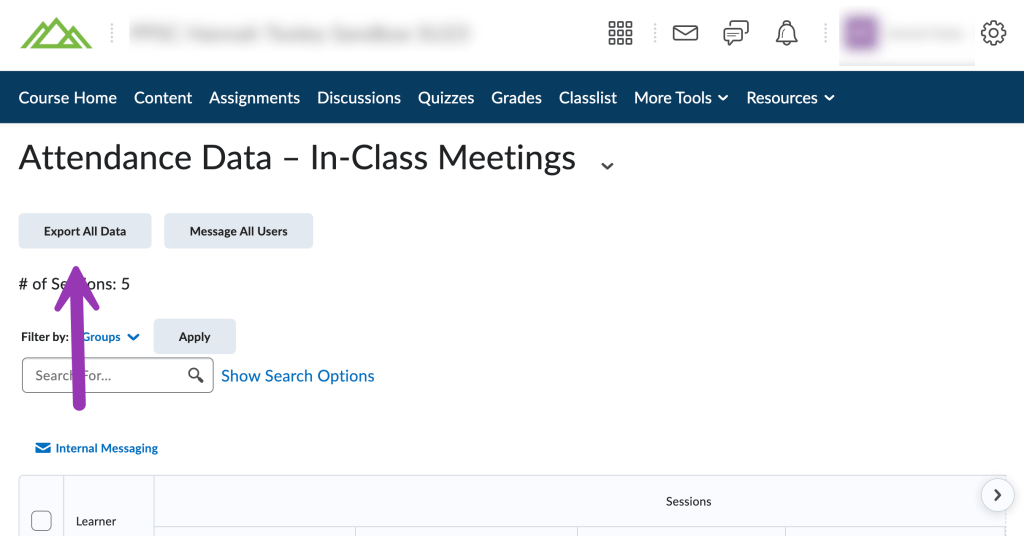 screenshot of export all data button