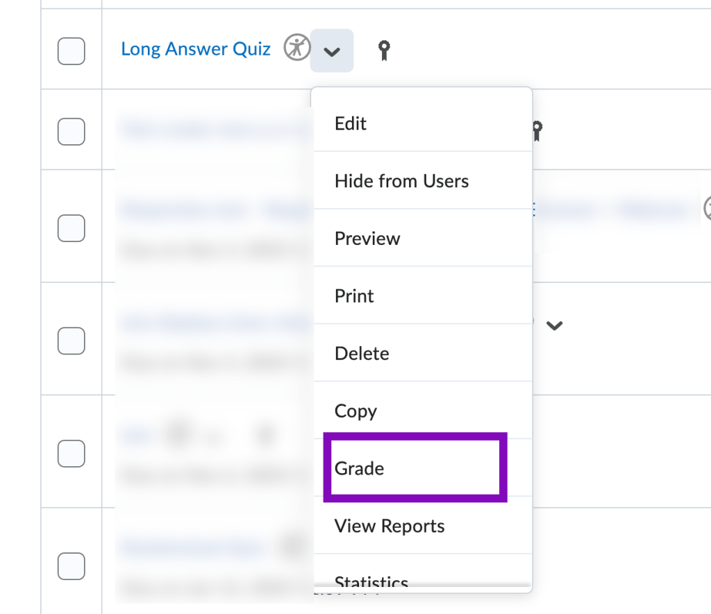 screenshot of quiz context menu with grade highlighted.