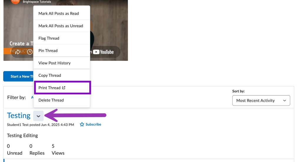 screenshot of student thread menu with print thread option highlighted. 