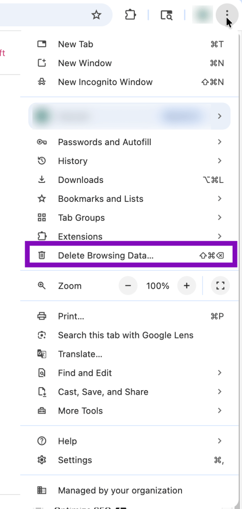 chrome menu open with delete browsing data highlighted.