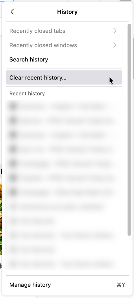 clear recent history option highlighted from menu
