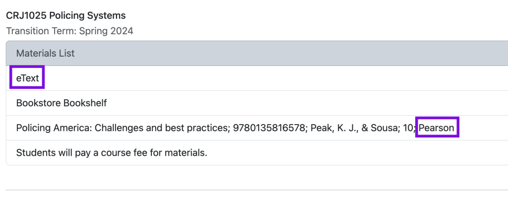 screenshot of co online dashboard with etext and pearson highlighted in the listed course materials