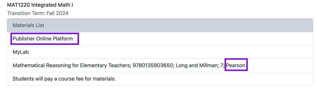 screenshot of the co online dashboard with publisher online platform and pearson highlighted in the course material description
