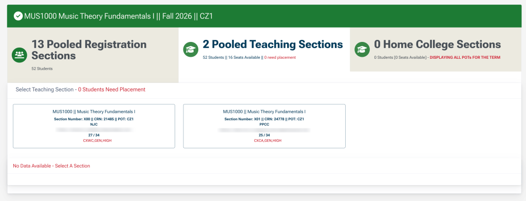 screenshot showing the teaching sections available for the example music class.
