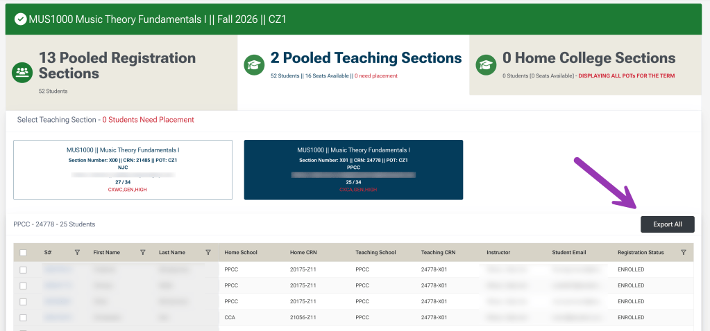 screenshot showing section clicked, roster displaying, with export all button highlighted